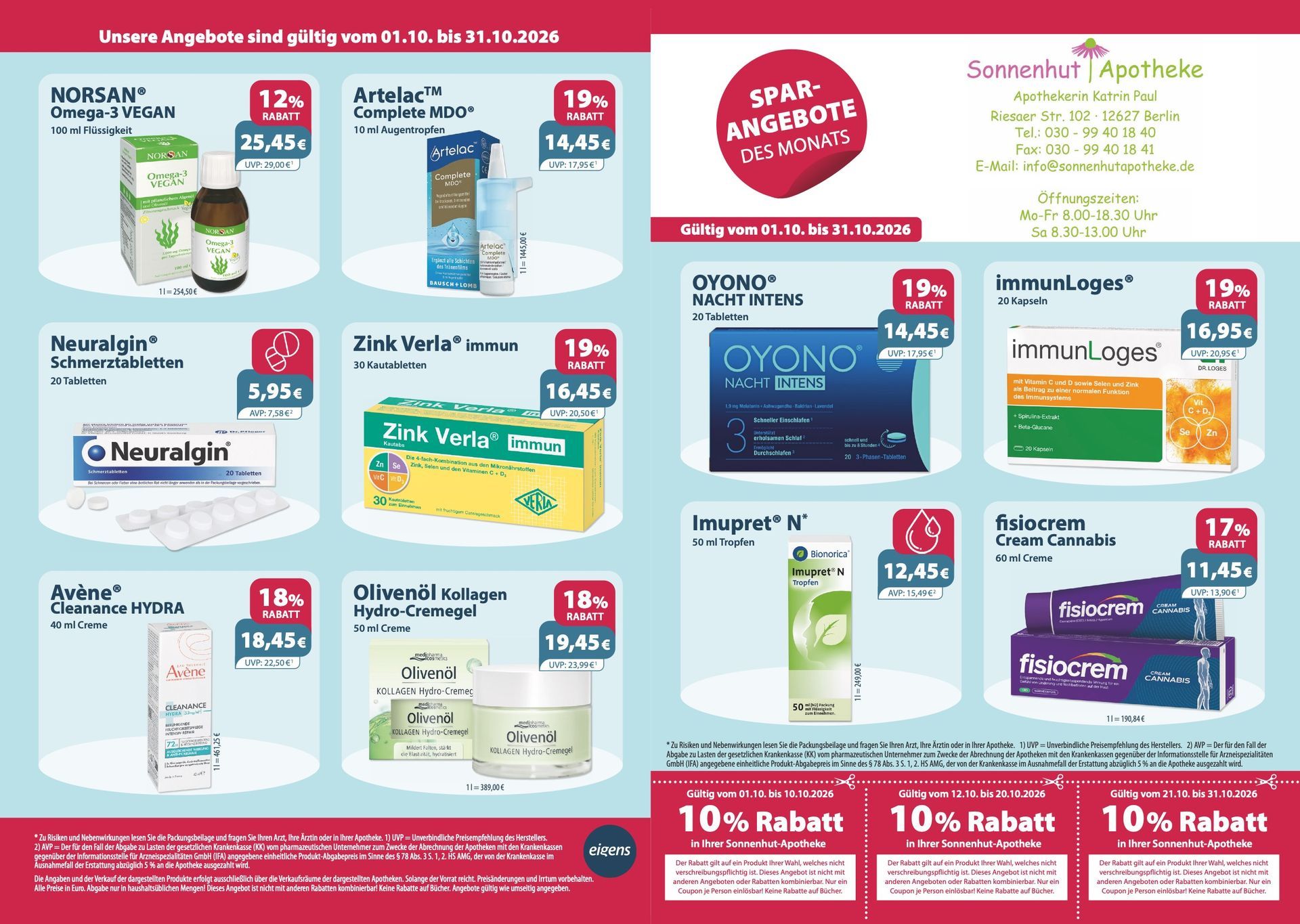 Werbeplakat mit 10 % Rabatt auf verschiedene Medikamente und Gesundheitsprodukte in farbenfrohen Produktverpackungen