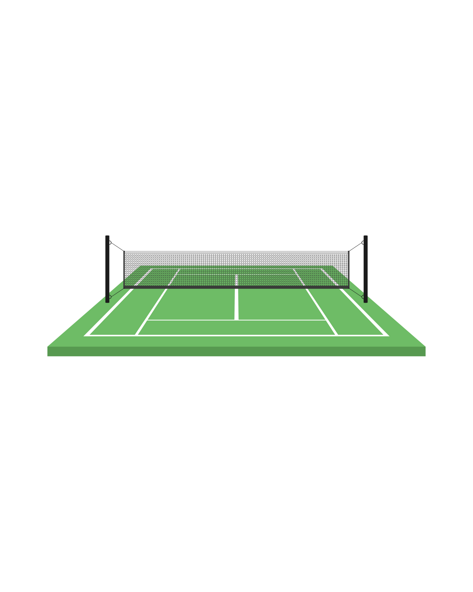 A tennis court with a net and a ball on it.