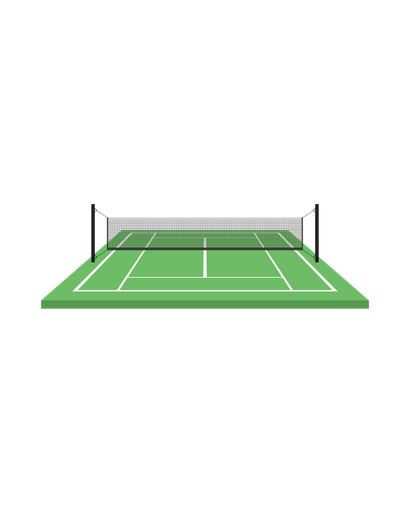 A tennis court with a net and a ball on it.