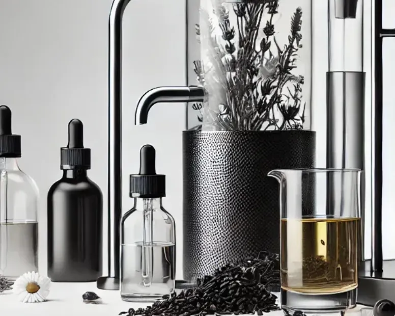 A collection of skincare products, including glass dropper bottles and a beaker, next to lavender stems and dark seeds.