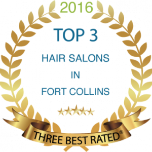 A gold laurel wreath emblem from 2016 designating a top three ranking for hair salons in Fort Collins.