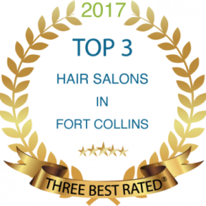 "Three Best Rated" 2017 award emblem for top 3 hair salons in Fort Collins, presented in a gold laurel wreath design.