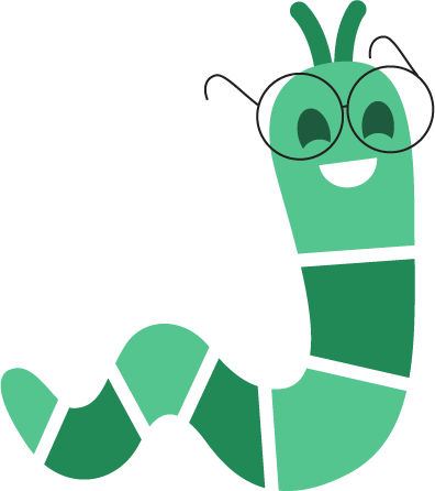 A green caterpillar wearing glasses and smiling on a white background.