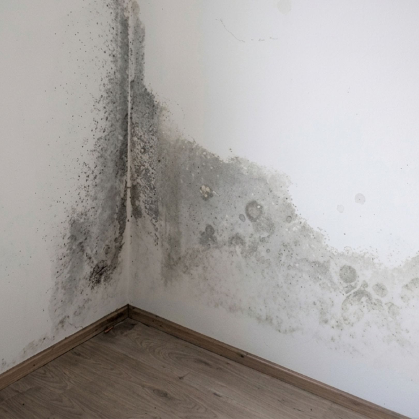 A corner of a room with light wood-look flooring and white walls covered in extensive dark gray mold and water staining.