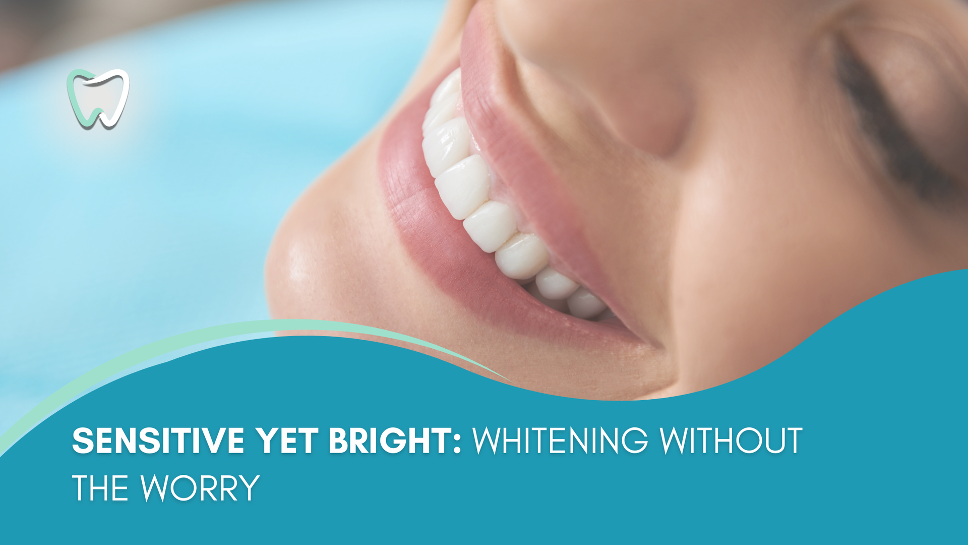 A woman with white teeth is smiling while laying on a dental chair.