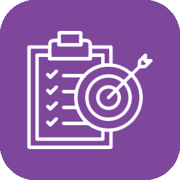 Purple icon of a clipboard checklist beside a target with an arrow