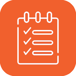 Orange checklist icon with white clipboard and three checkmarked items