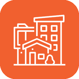 White outline of buildings and a house on an orange background