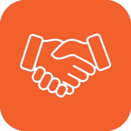 White handshake icon on orange rounded-square background