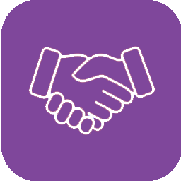 White handshake icon on a purple square background