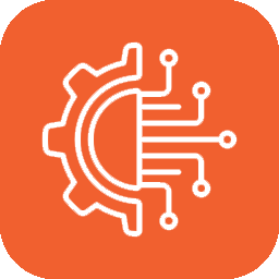 Orange square icon with white gear and circuit lines, representing technology or automation