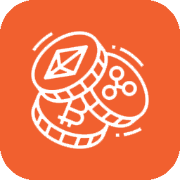 Orange crypto icon with stacked coins and symbols for Ethereum, Bitcoin, and Ripple