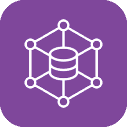 White database icon inside a connected cube on a purple rounded-square background