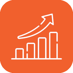 White rising bar chart and upward arrow on an orange square background.