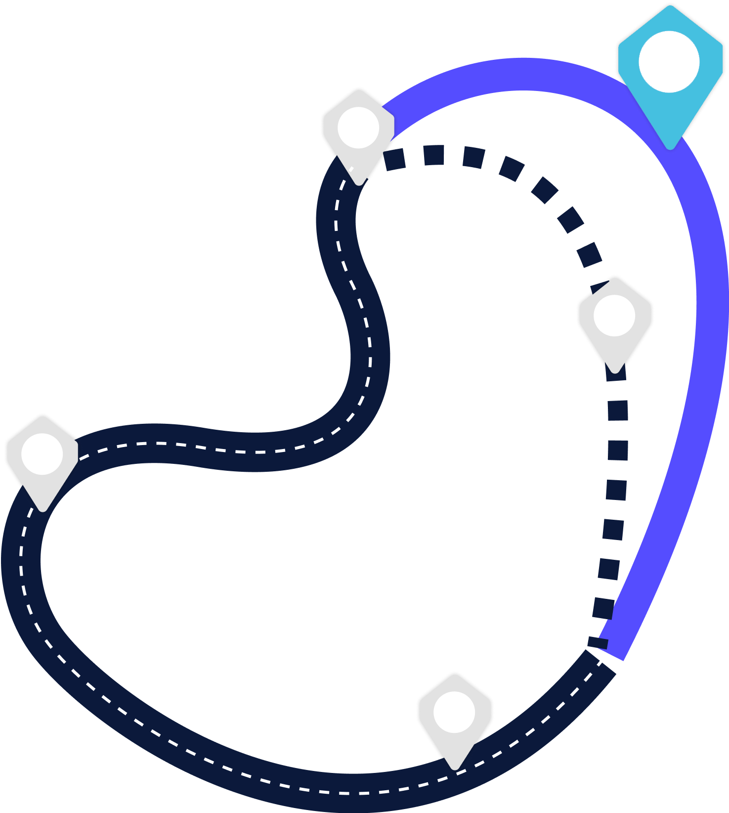 Stylized heart-shaped route diagram with navy, purple, and teal lines and waypoint markers