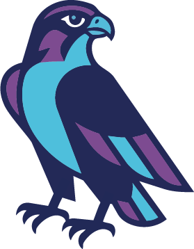 Stylized purple and teal hawk standing on one foot