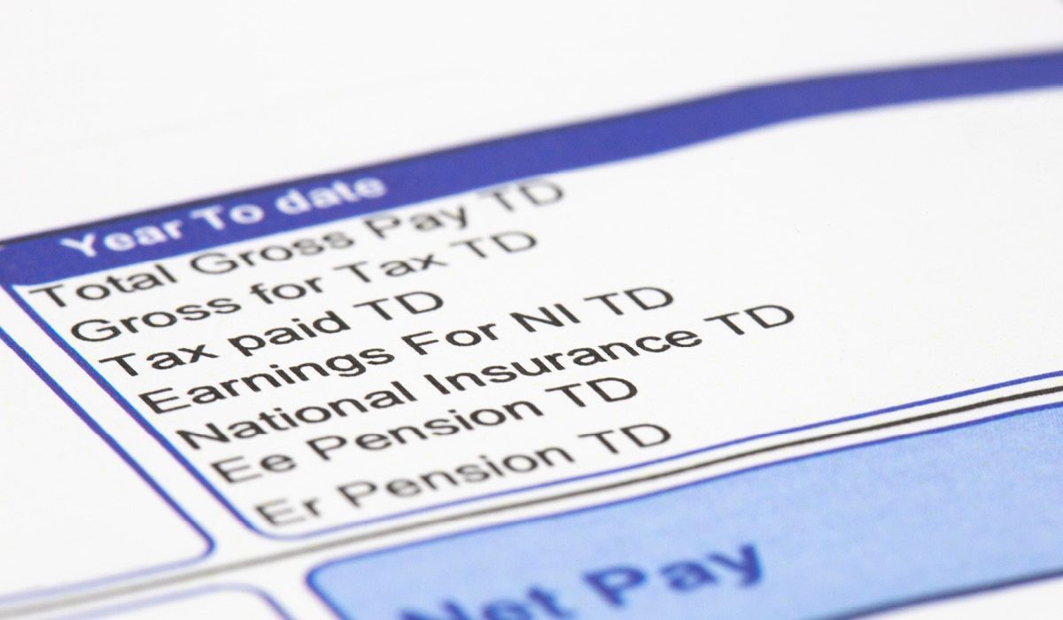 Payroll report screen showing year-to-date tax and pension deductions in blue and white.