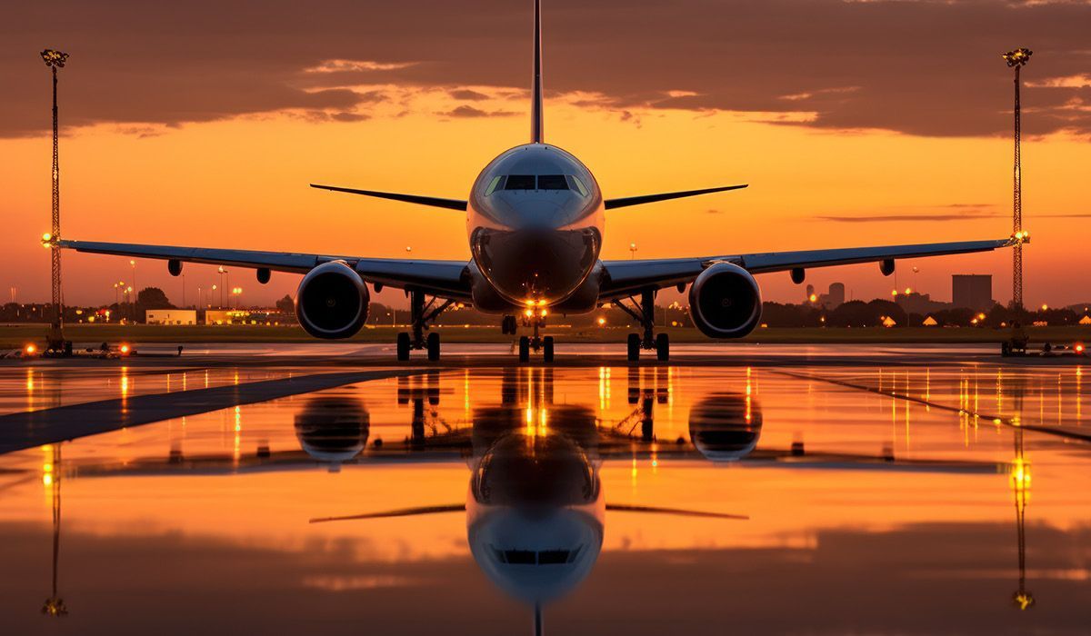 Airplane parked at sunset on a wet runway, with golden sky and mirrored reflection