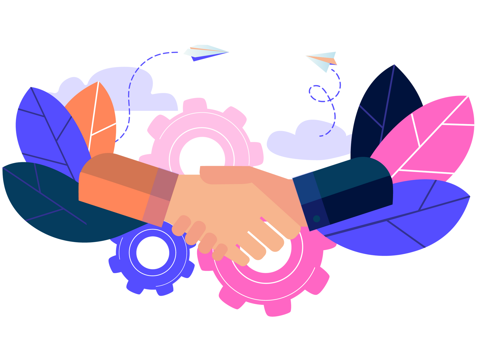 Handshake with colorful gears and abstract leaves, symbolizing teamwork and collaboration