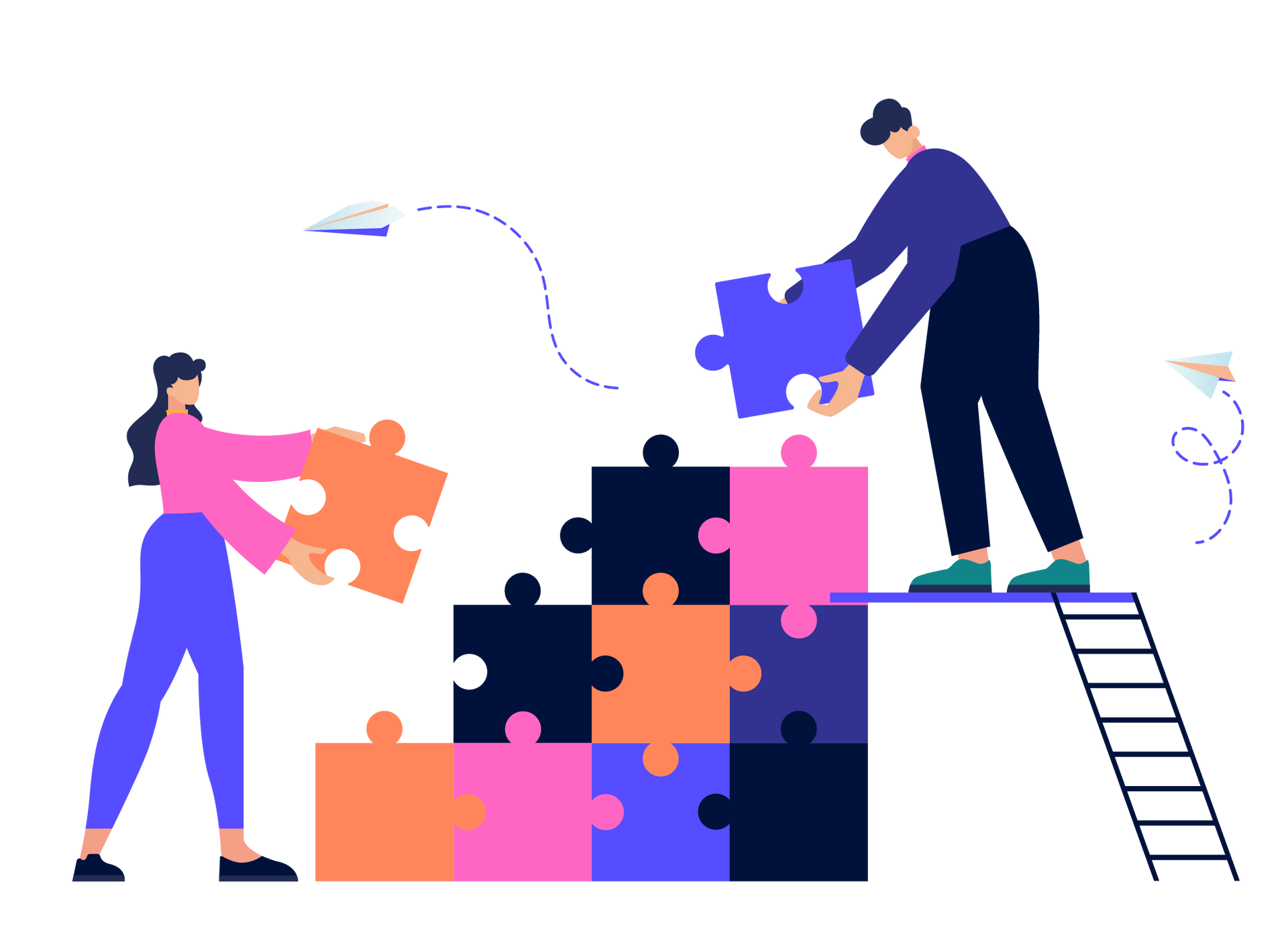 Two people fitting colorful puzzle pieces into a stacked wall, symbolizing teamwork and collaboration.