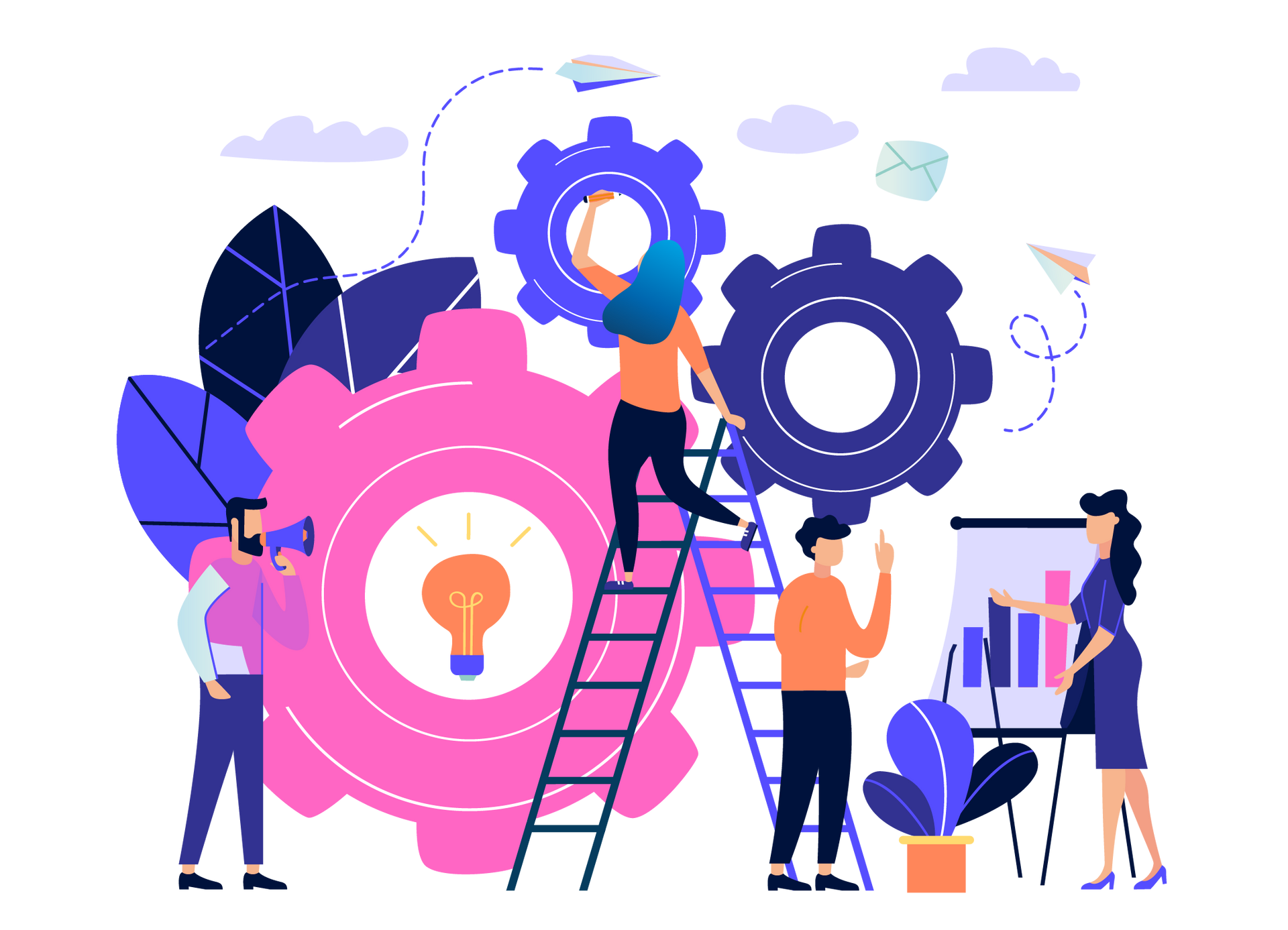 Team collaborating around large colorful gears and a pink lightbulb graphic, with one person on a ladder