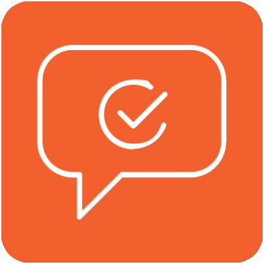 Orange icon with white speech bubble and checkmark symbol