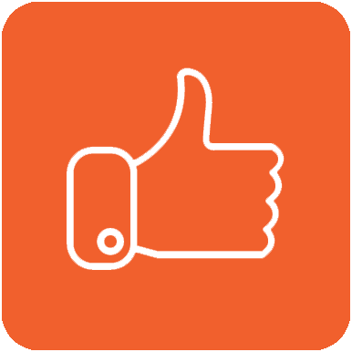 White thumbs-up icon on orange square background