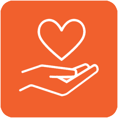 White heart over outstretched hands on an orange square icon