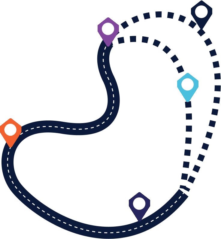 Stylized winding road with colorful map pins in orange, purple, blue, and navy on a white background