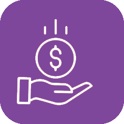 White hand holding a coin with dollar sign on purple background