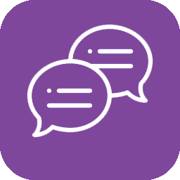 Purple chat icon with two white speech bubbles and text lines