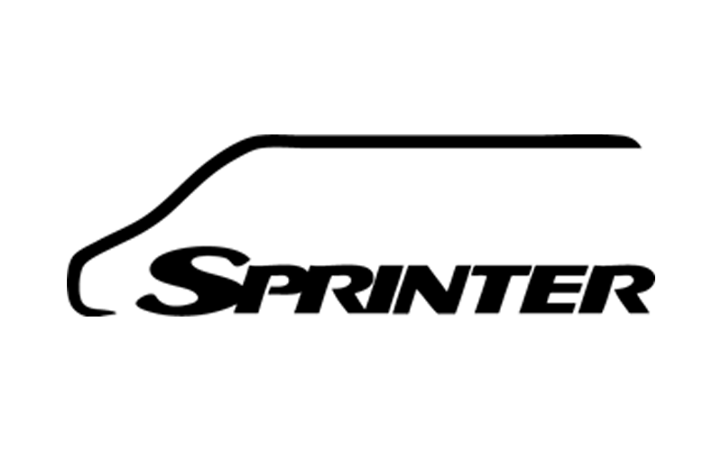A black and white sprinter logo on a white background.