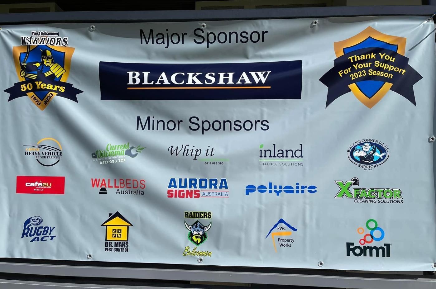 A Banner That Says Major Sponsor Blackshaw and Minor Sponsors — Signworld In Mitchell, ACT