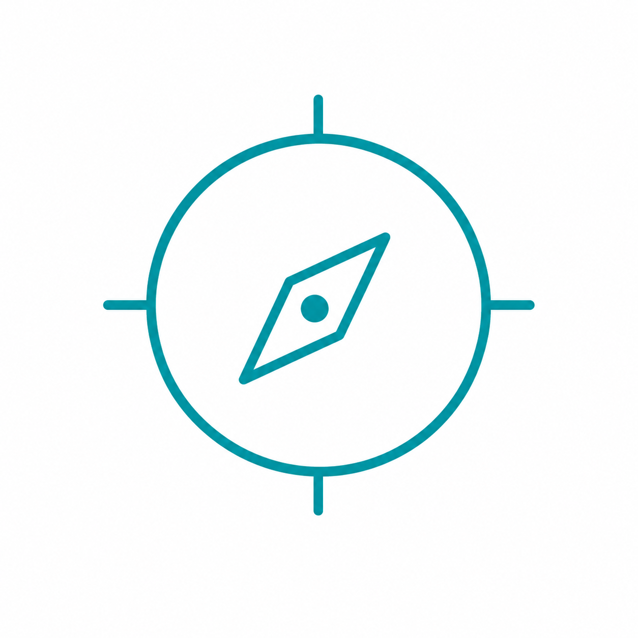 Teal compass icon inside a circle on a white background