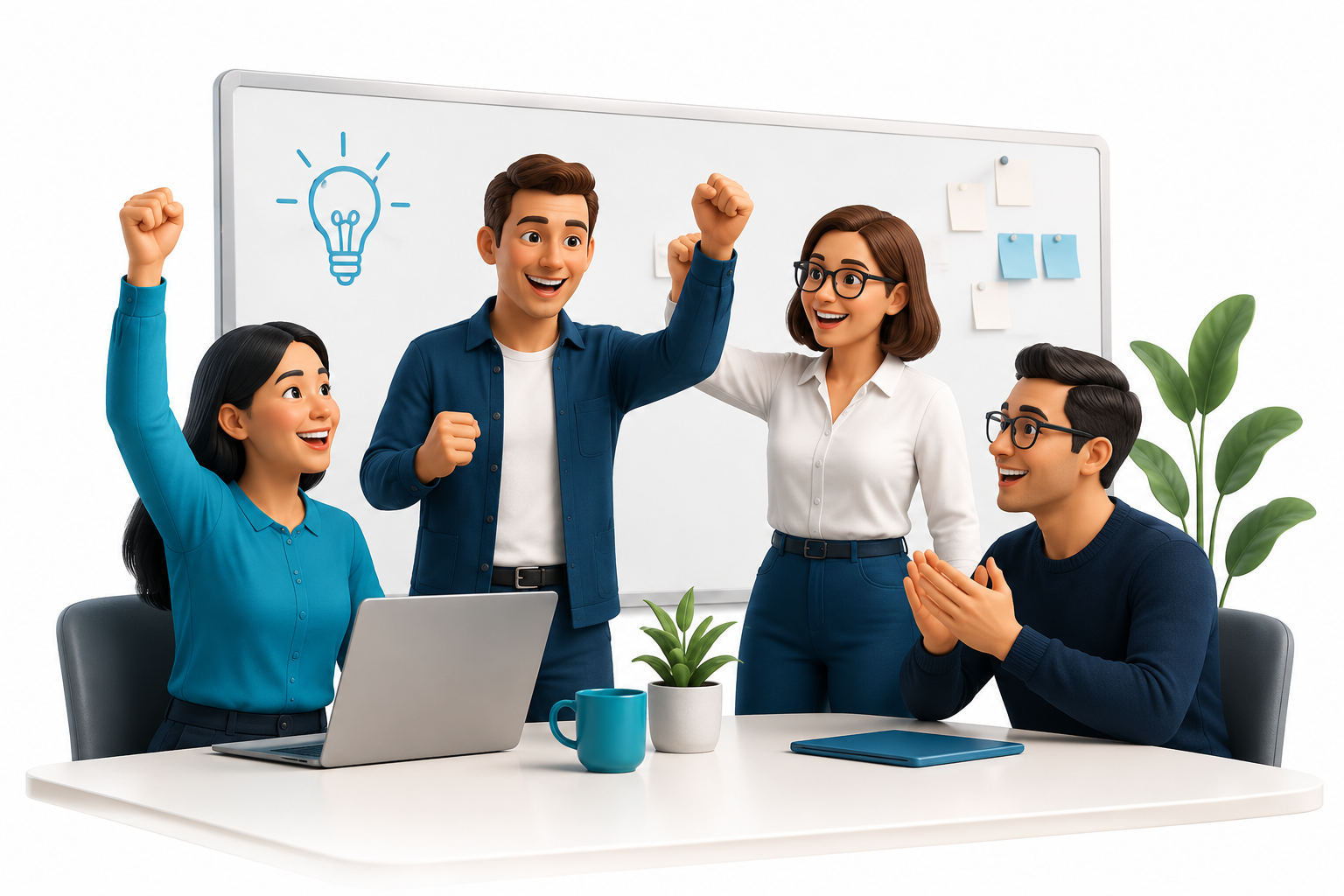 Team celebrating a brainstorming idea in a bright office, with laptops, raised fists, and a lightbulb sketch on a whiteboard
