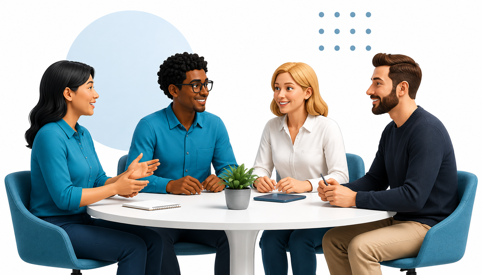 Four people in a meeting around a white table, talking and smiling in a bright office setting.