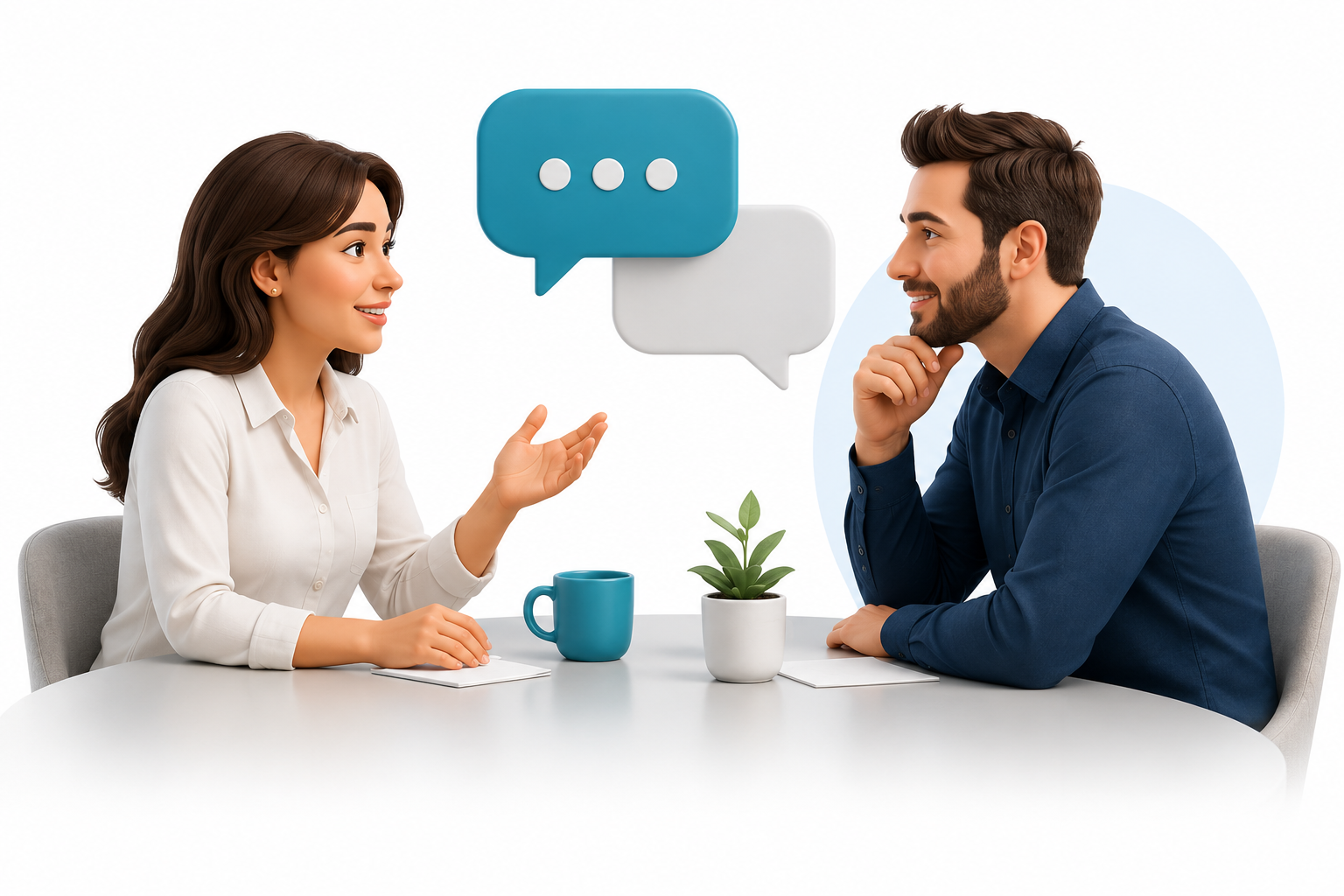 Two people chatting across a table with speech bubbles, a mug, and a small plant
