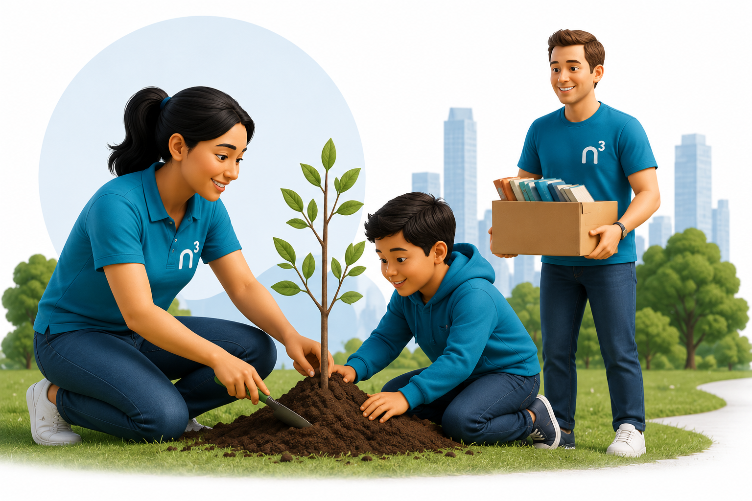 Volunteers in blue shirts planting a sapling together in a park, with a man holding a box nearby