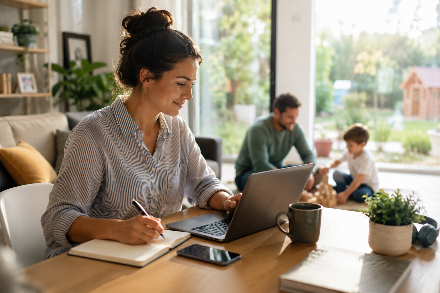 Woman writing in a notebook beside a laptop at a bright home table while others sit in the background