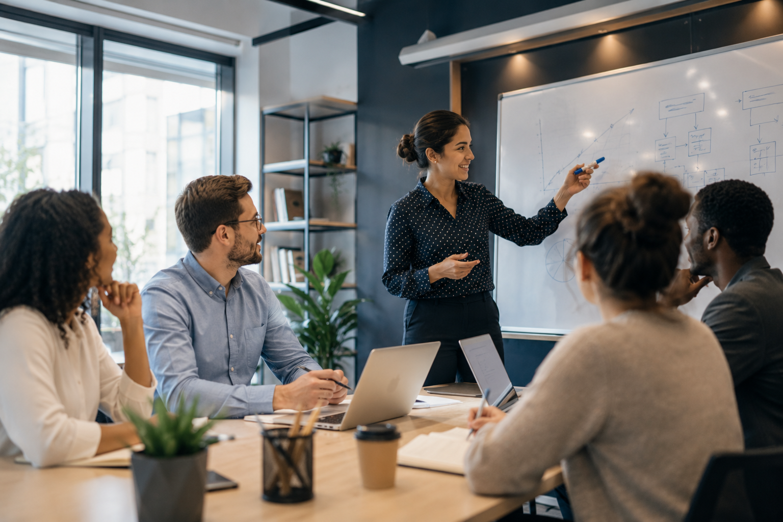 Team meeting in a bright office, with a presenter pointing at a whiteboard beside a conference table.