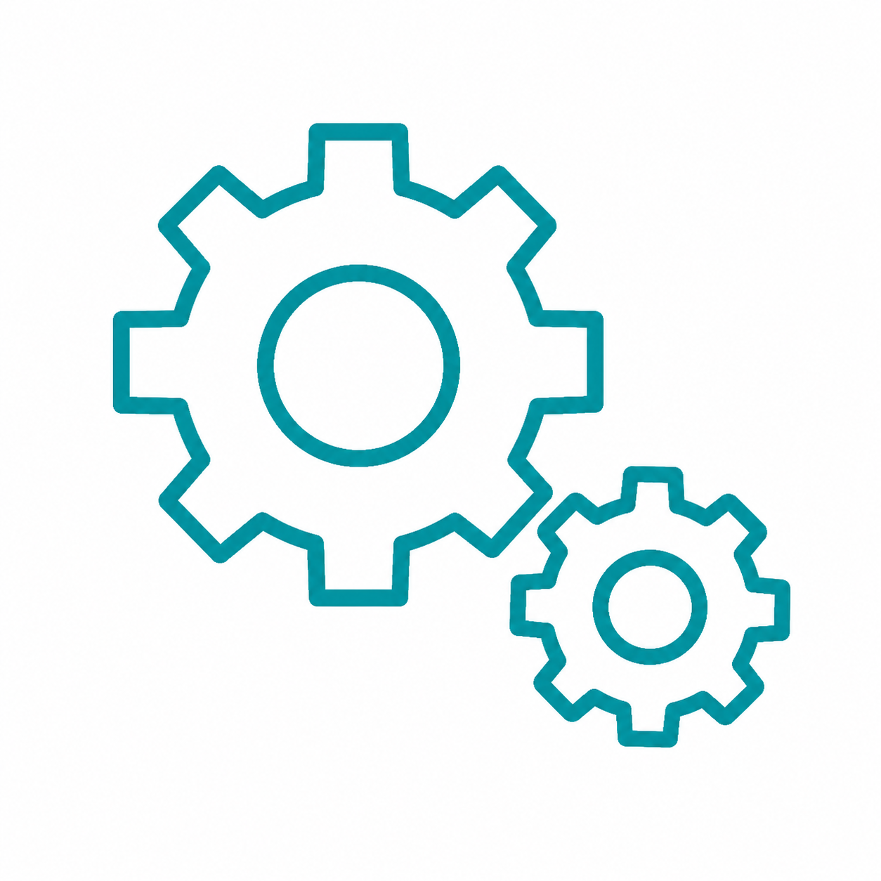 Teal outline of two interlocking gears, one large and one small, on a white background