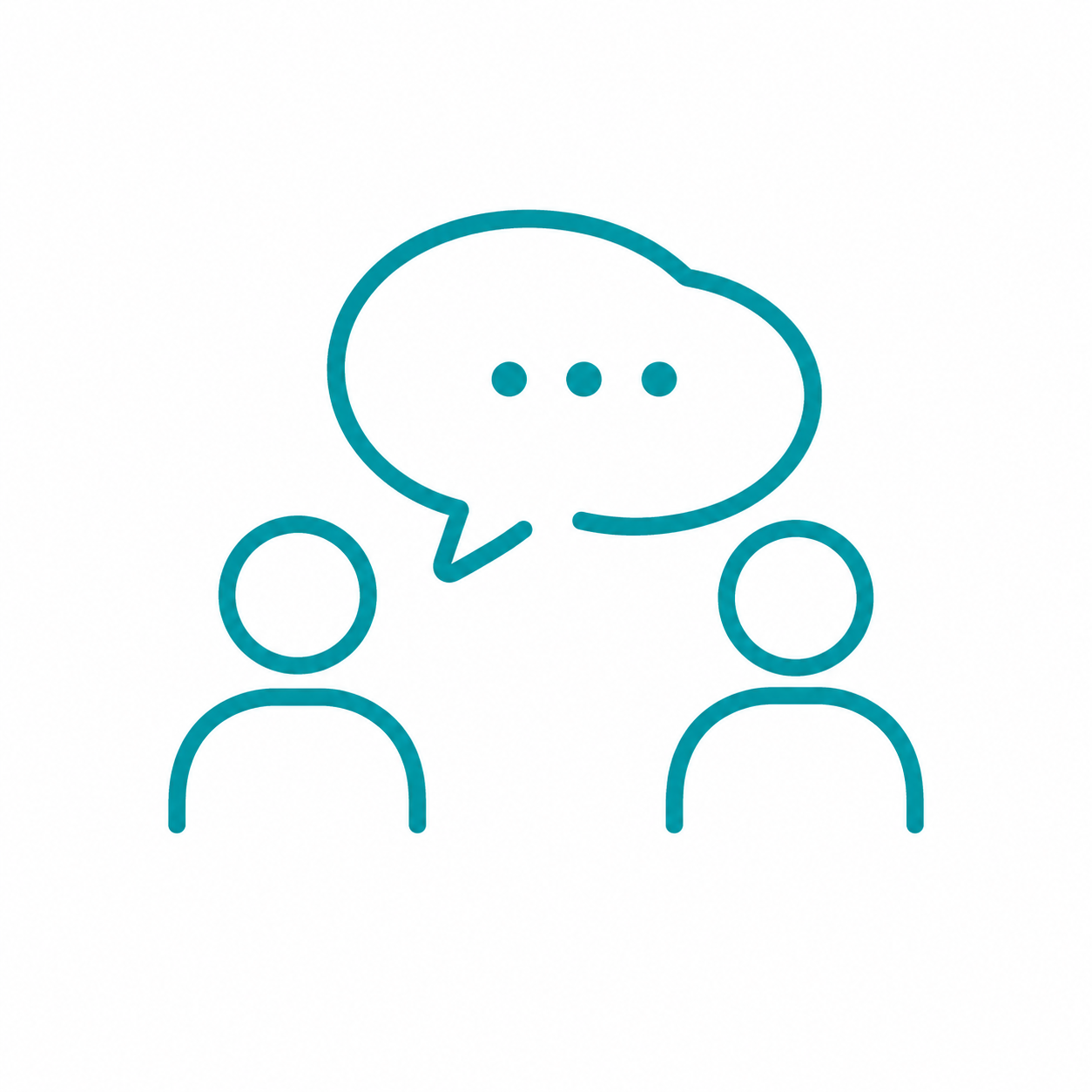 Two teal outlined people talking beneath a speech bubble with three dots