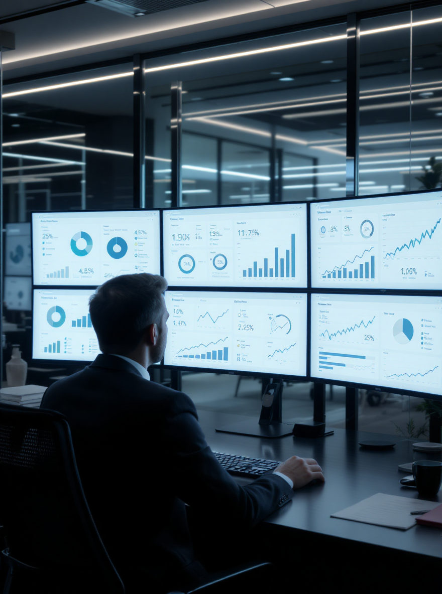 Person in a dark office monitoring multiple data dashboards on large screens