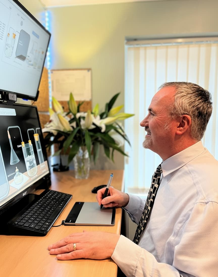 Nigel Straney, an expert A-Level Chemistry tutor and examiner, in his professional online teaching office.