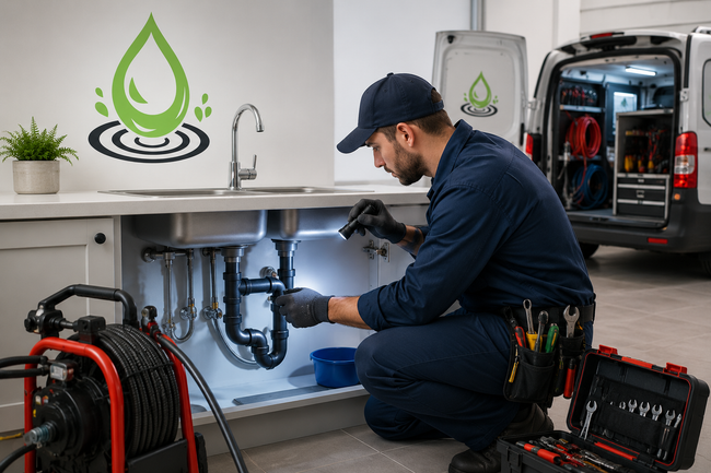 Technician repairing plumbing under a sink in a van workshop, with tools and equipment nearby