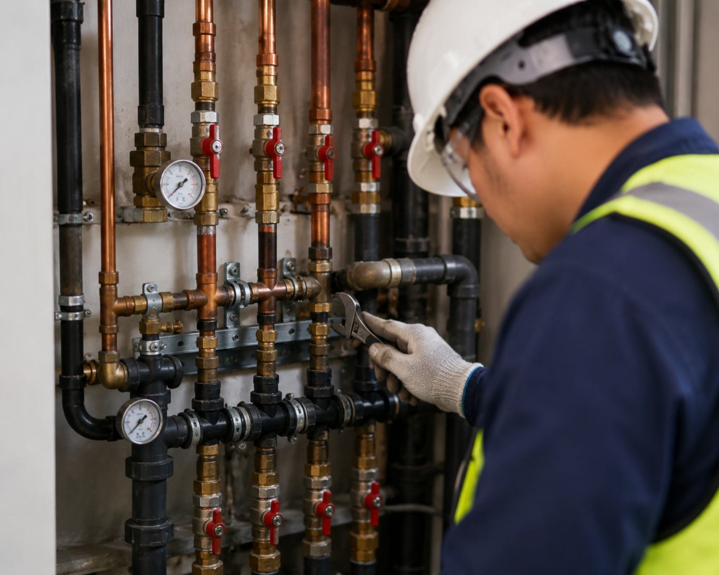 Worker in hard hat inspecting industrial pipes and pressure gauges in a utility room