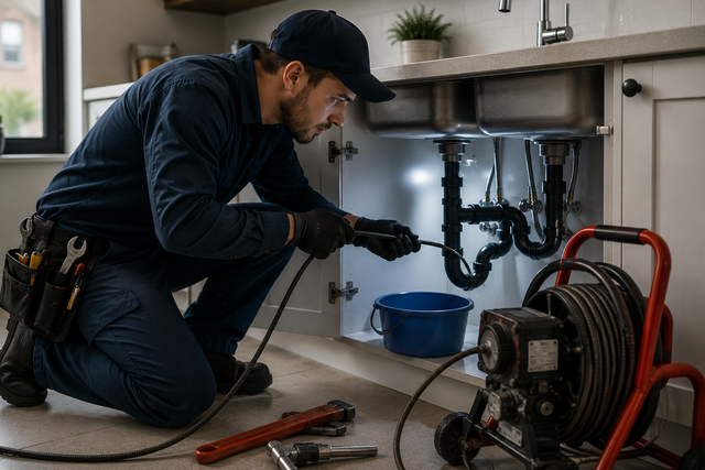 Technician inspecting under a kitchen sink with tools and a drain snake on the floor