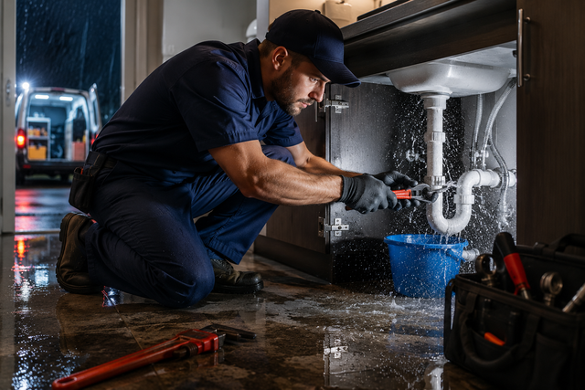 Technician repairing a leaking pipe under a machine in a wet industrial workspace