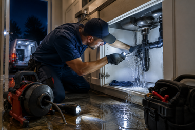Technician inspecting plumbing inside a machine with a flashlight in a wet workshop