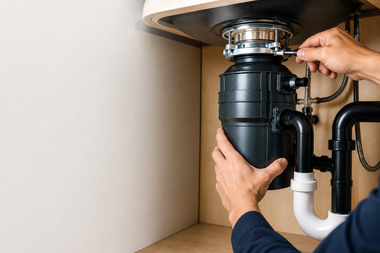Hands installing a black sink drain pipe under a countertop